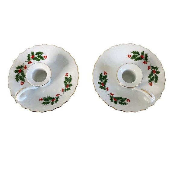 Vtg Candlestick Holders Porcelain Taper Holly Berries Leaves Made in Japan - Picture 1 of 6